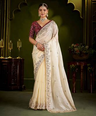 Beige satin silk saree with red embroidered blouse 1