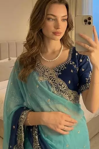 Blue Color embroidery sequence Work Silk Blend Saree