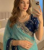 Blue Color embroidery sequence Work Silk Blend Saree