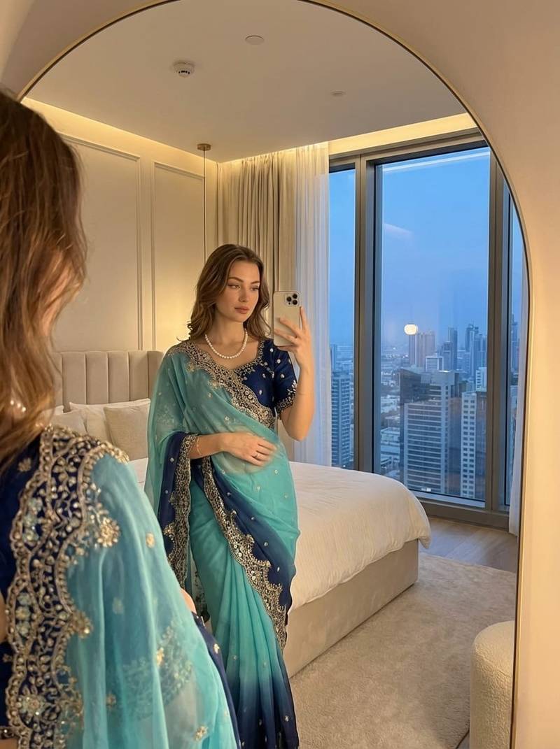 Blue Color embroidery sequence Work Silk Blend Saree