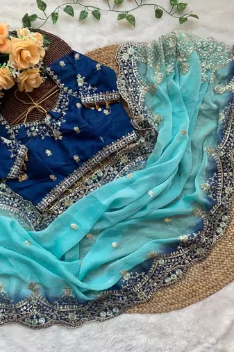 Blue Color embroidery sequence Work Silk Blend Saree