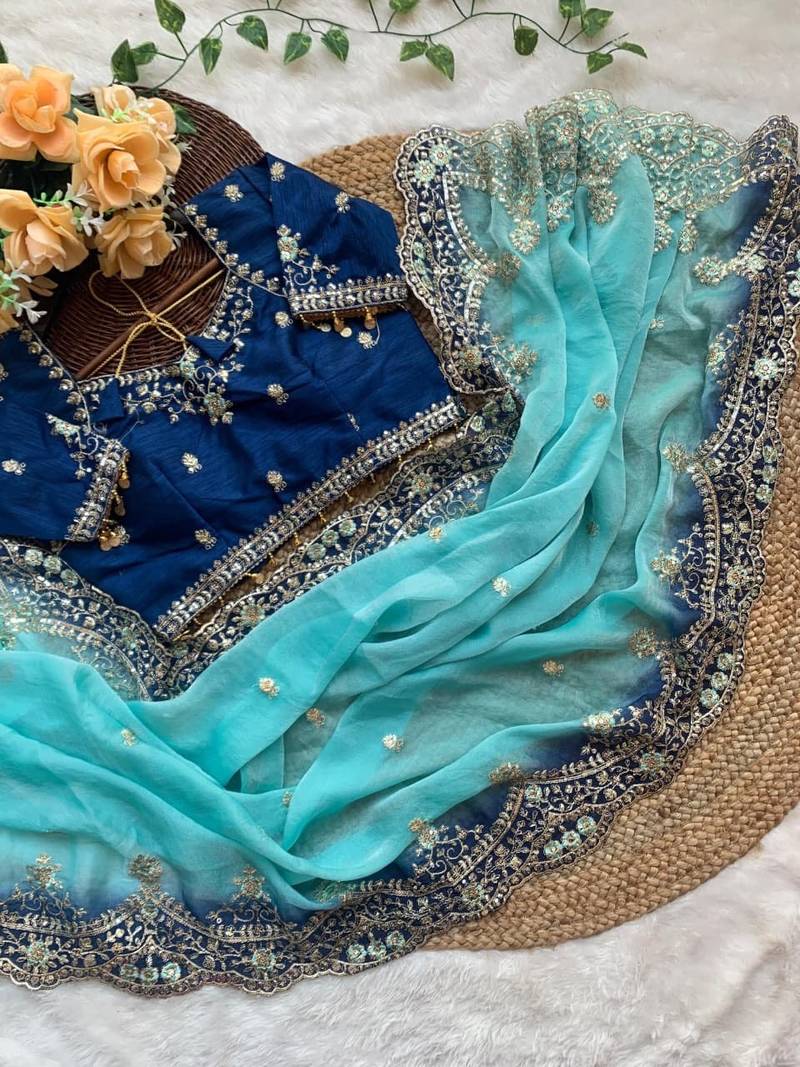 Blue Color embroidery sequence Work Silk Blend Saree