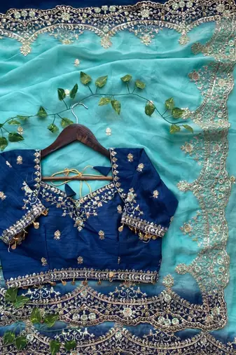 Blue Color embroidery sequence Work Silk Blend Saree