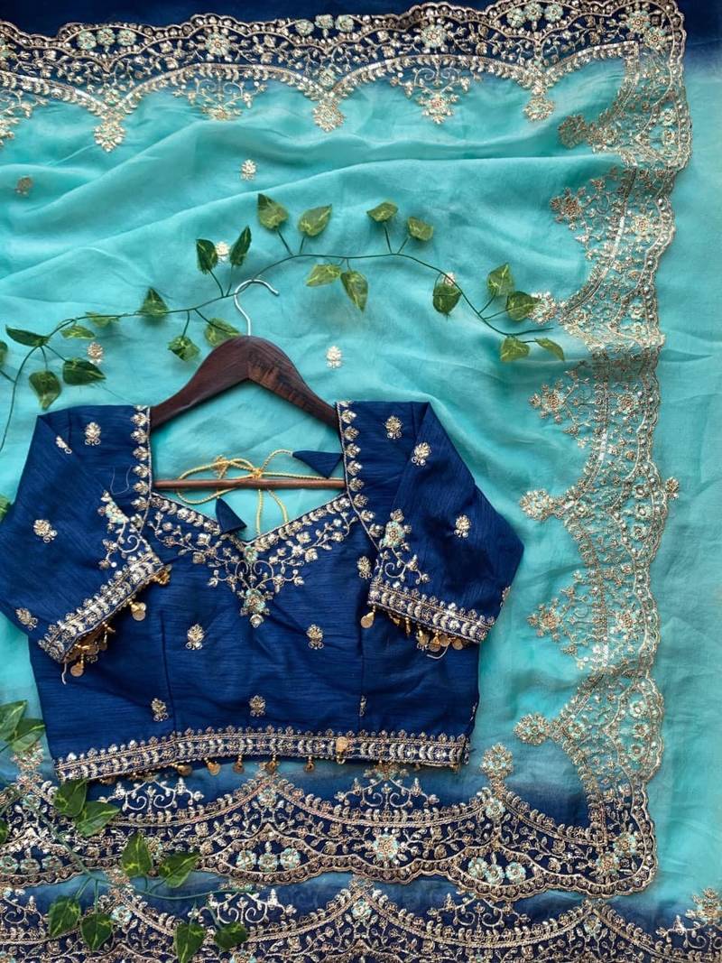 Blue Color embroidery sequence Work Silk Blend Saree