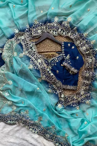Blue Color embroidery sequence Work Silk Blend Saree