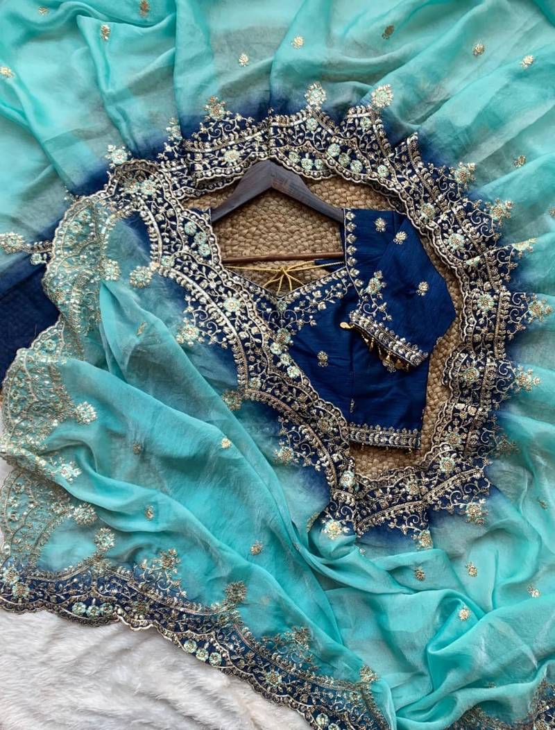 Blue Color embroidery sequence Work Silk Blend Saree