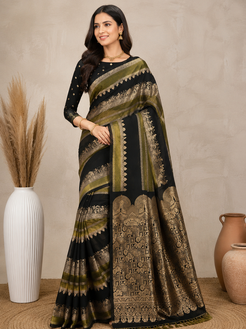black silk printed saree