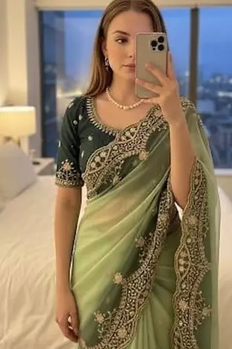 Light Green Color embroidery sequence Work Silk Blend Saree