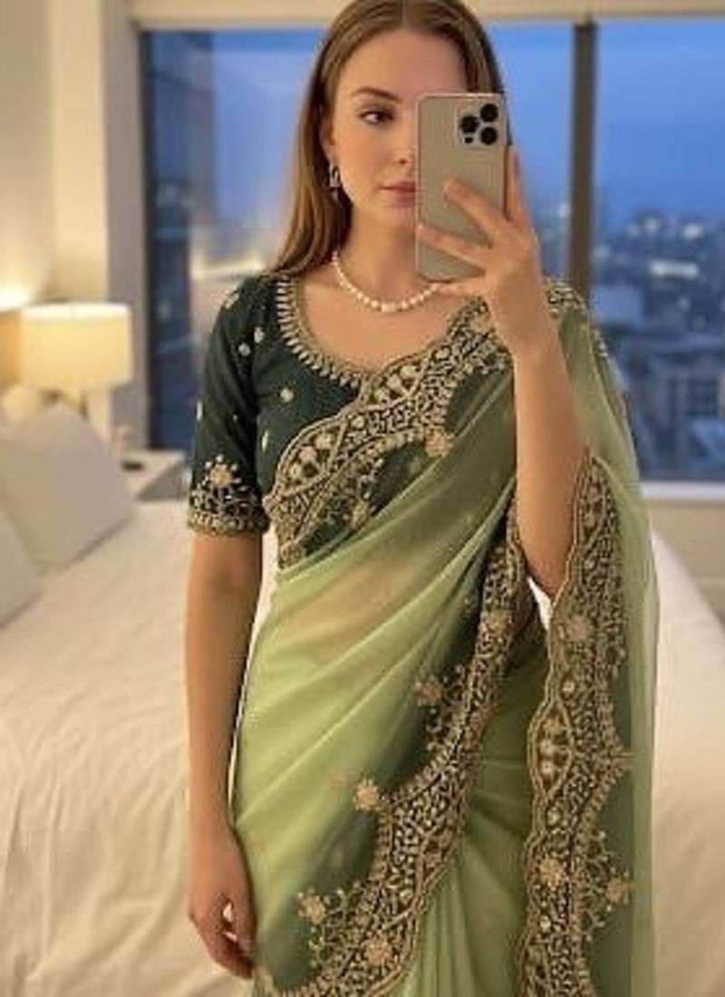Light Green Color embroidery sequence Work Silk Blend Saree
