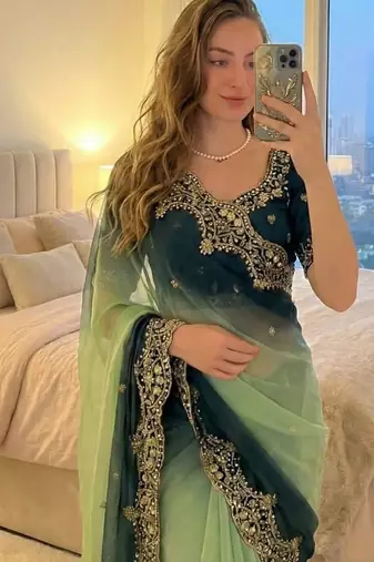 Light Green Color embroidery sequence Work Silk Blend Saree