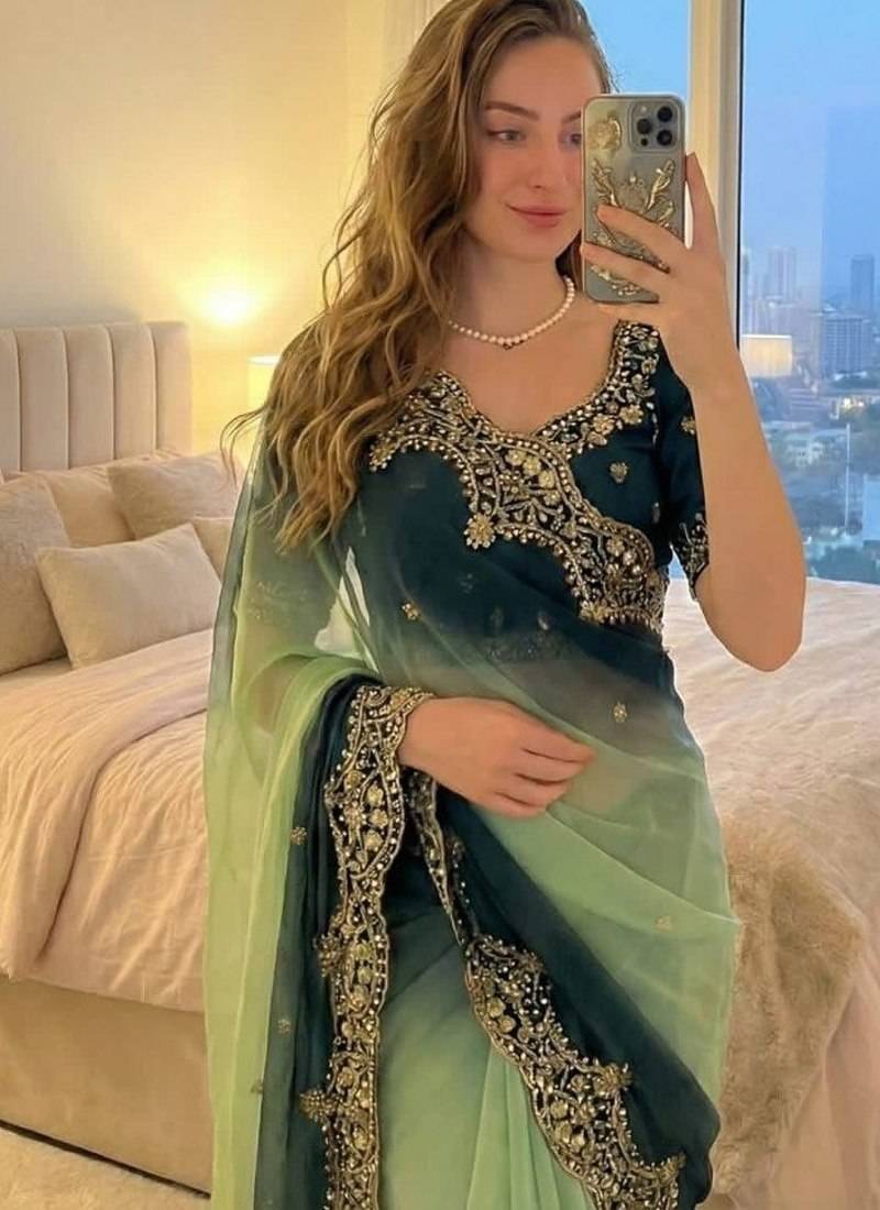 Light Green Color embroidery sequence Work Silk Blend Saree