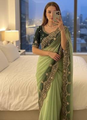 Light Green Color embroidery sequence Work Silk Blend Saree 1