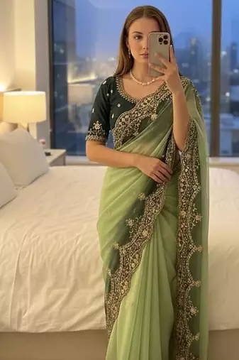 Light Green Color embroidery sequence Work Silk Blend Saree