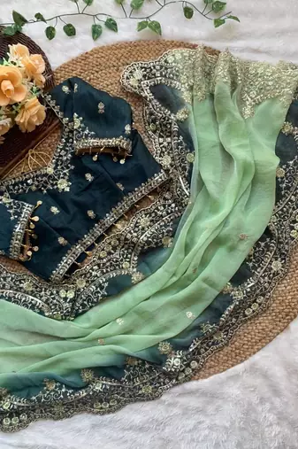 Light Green Color embroidery sequence Work Silk Blend Saree