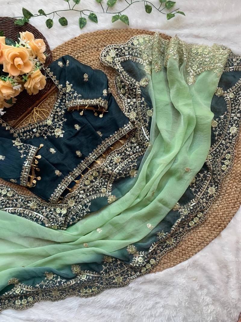 Light Green Color embroidery sequence Work Silk Blend Saree