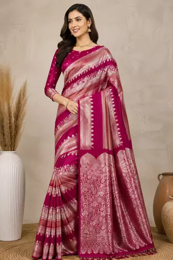 rani pink silk printed saree