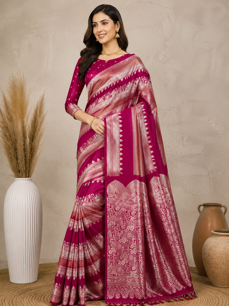 rani pink silk printed saree