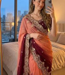 Orange Color embroidery sequence Work Silk Blend Saree