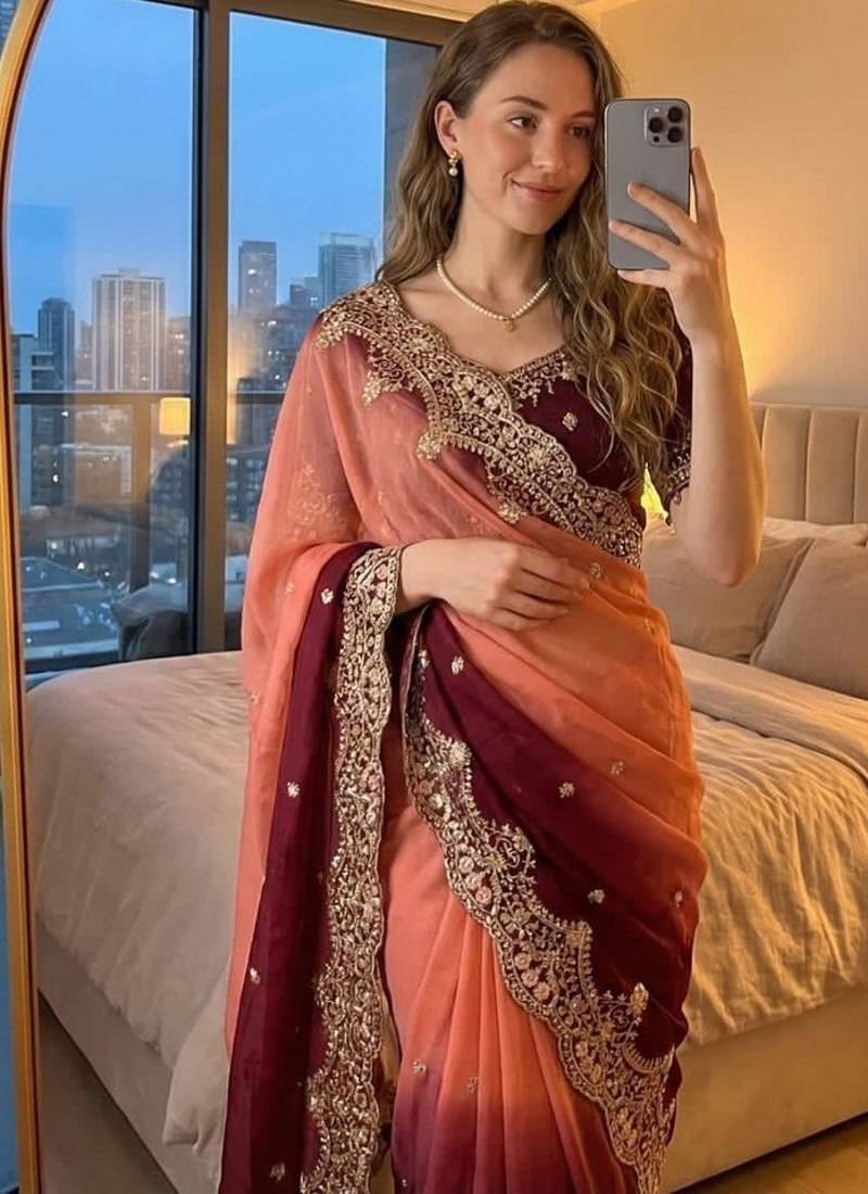 Orange Color embroidery sequence Work Silk Blend Saree