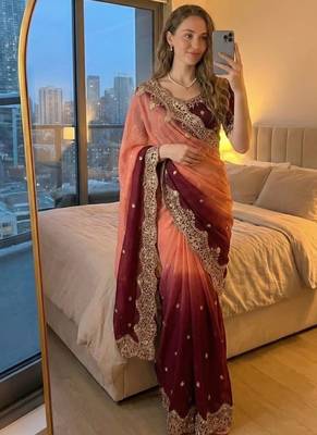Orange Color embroidery sequence Work Silk Blend Saree 1