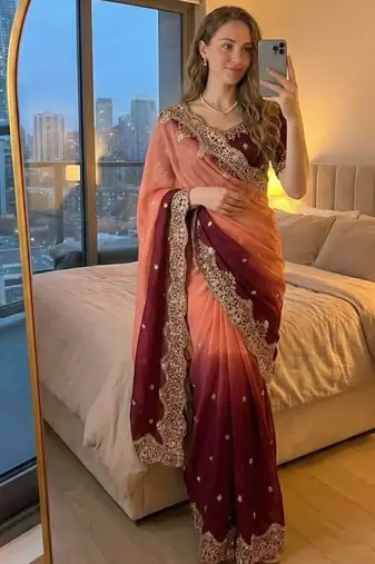 Orange Color embroidery sequence Work Silk Blend Saree