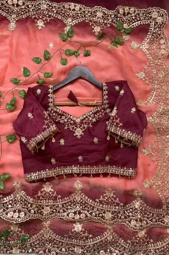 Orange Color embroidery sequence Work Silk Blend Saree