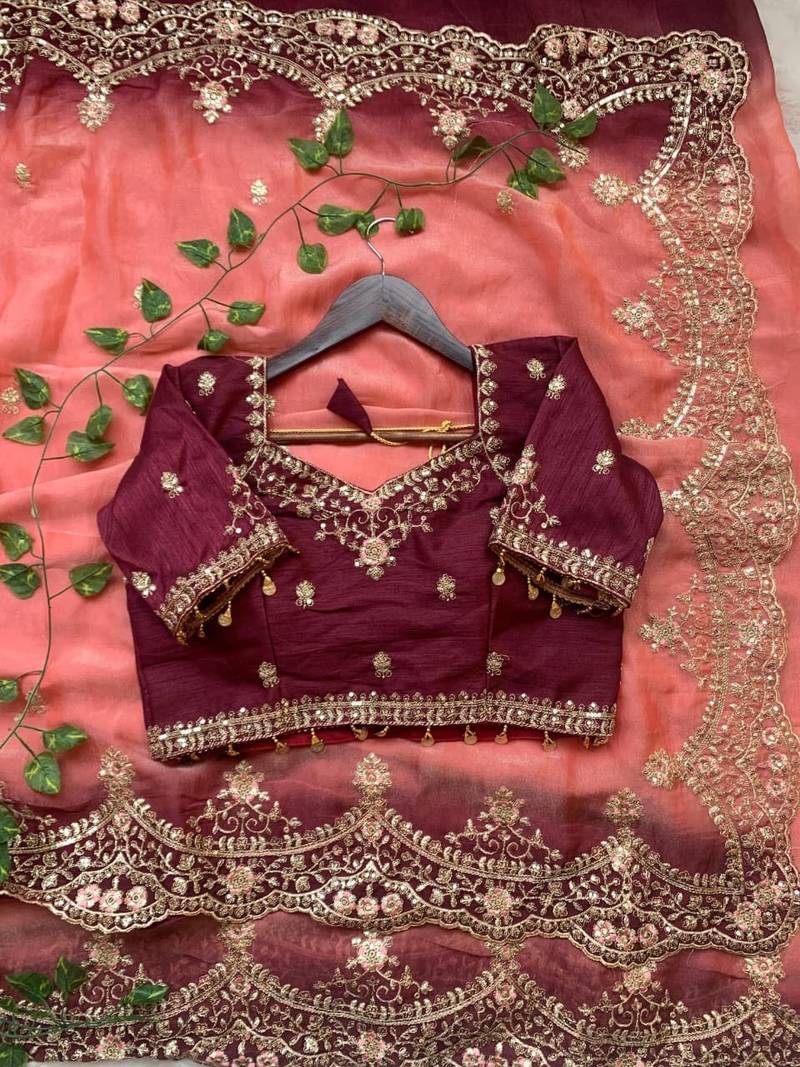Orange Color embroidery sequence Work Silk Blend Saree