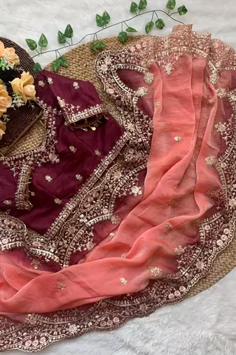 Orange Color embroidery sequence Work Silk Blend Saree