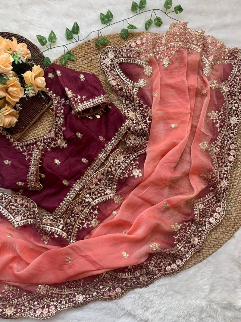 Orange Color embroidery sequence Work Silk Blend Saree