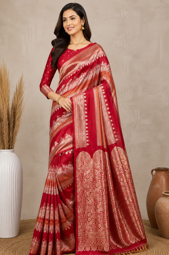 red silk printed saree
