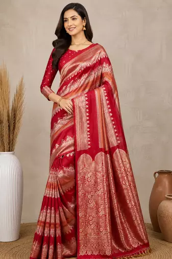 red silk printed saree