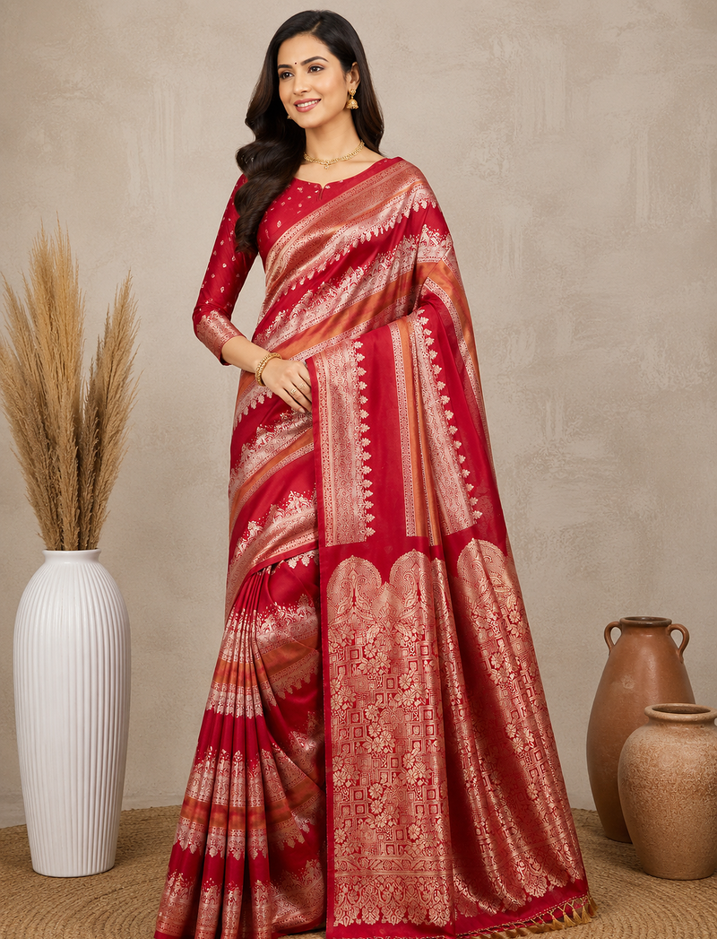 red silk printed saree