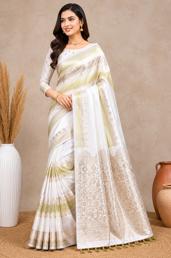 white silk printed saree