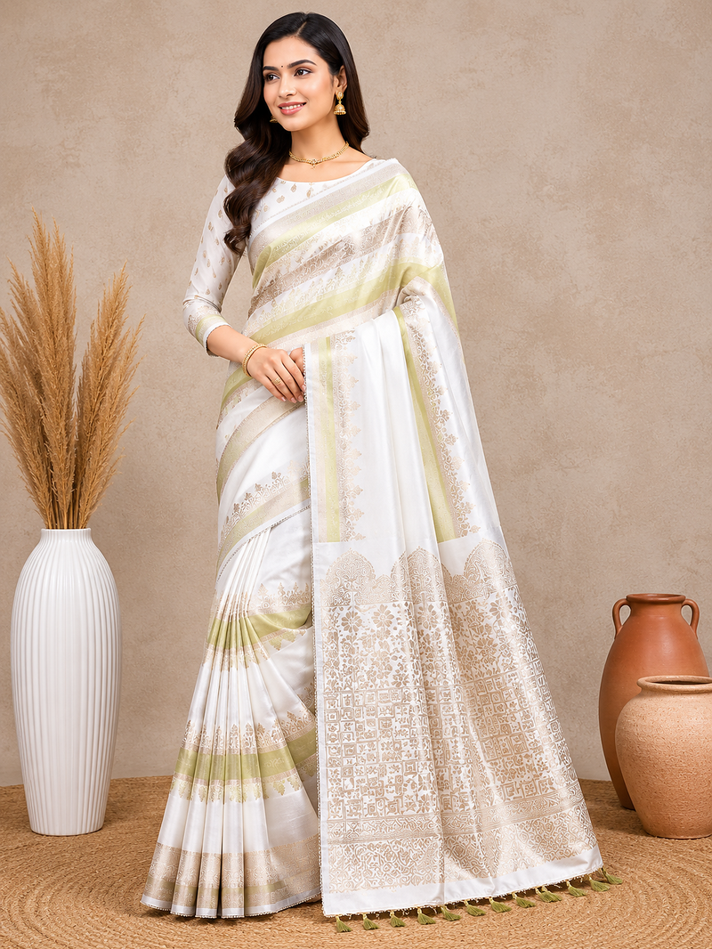 white silk printed saree