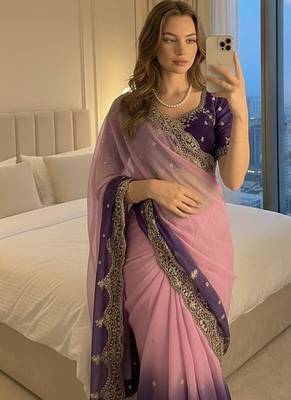 Pink Color embroidery sequence Work Silk Blend Saree 1
