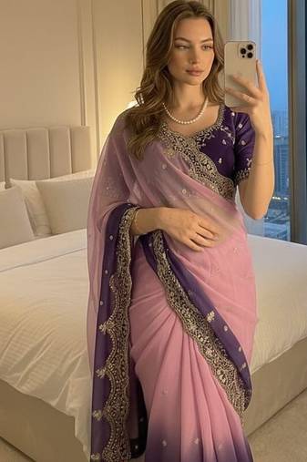 Pink Color embroidery sequence Work Silk Blend Saree