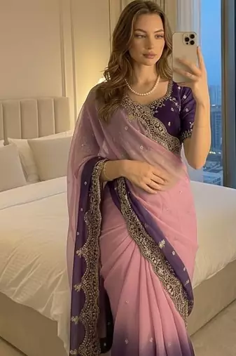 Pink Color embroidery sequence Work Silk Blend Saree