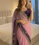 Pink Color embroidery sequence Work Silk Blend Saree