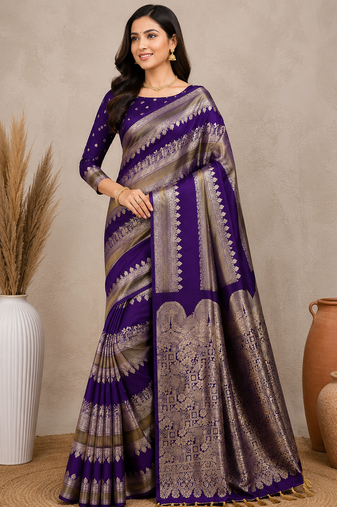 Purple Color Doubling Jari Jaqurad Weaving With Flower Veil And Beautiful Twins Peacock Rich Pallu Tissue Silk Saree