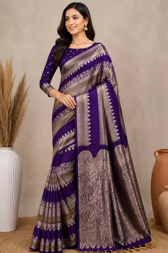 purple silk printed saree