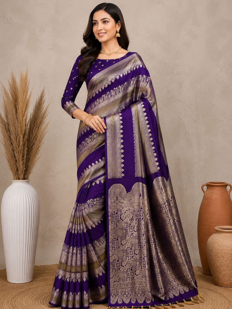 purple silk printed saree
