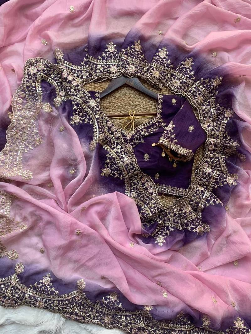 Pink Color embroidery sequence Work Silk Blend Saree