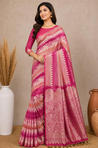pink silk printed saree