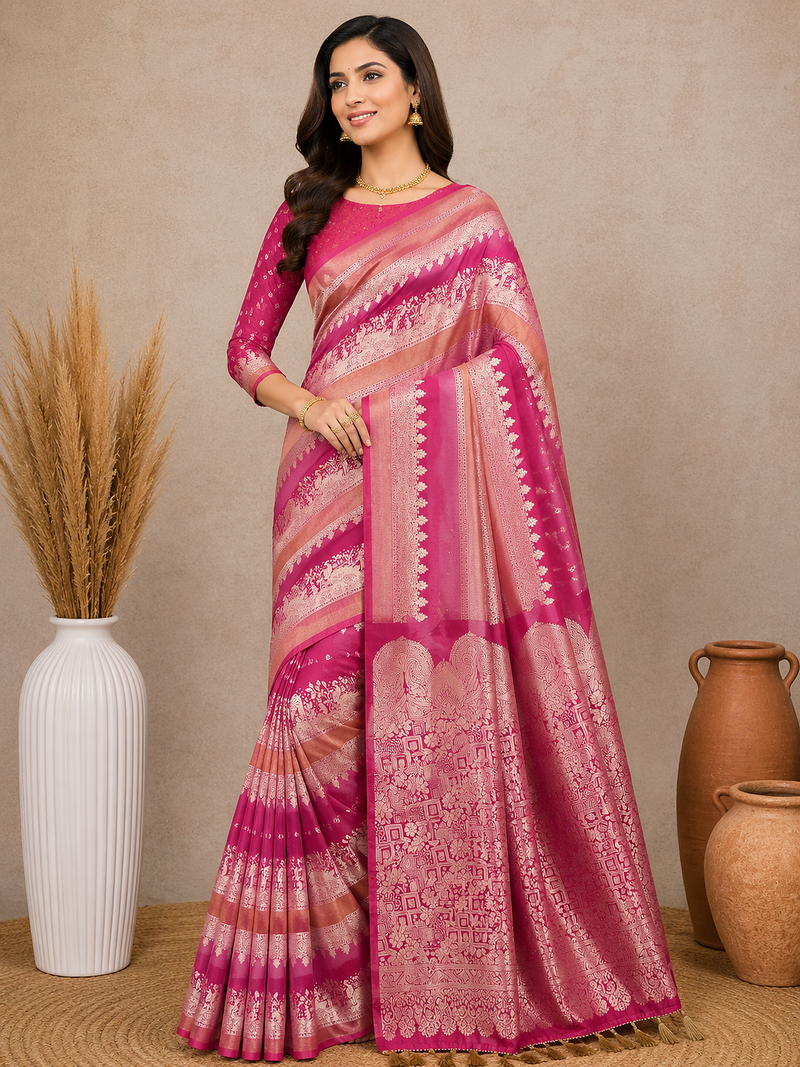 pink silk printed saree