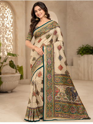 Off White Color Pashmina Print With Cover Piping Fitting Silk  Saree 1
