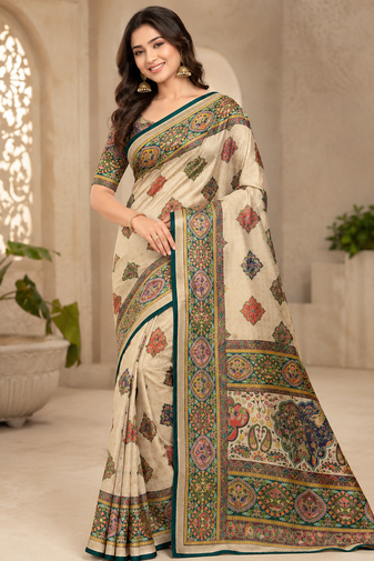 Off White Color Pashmina Print With Cover Piping Fitting Silk  Saree
