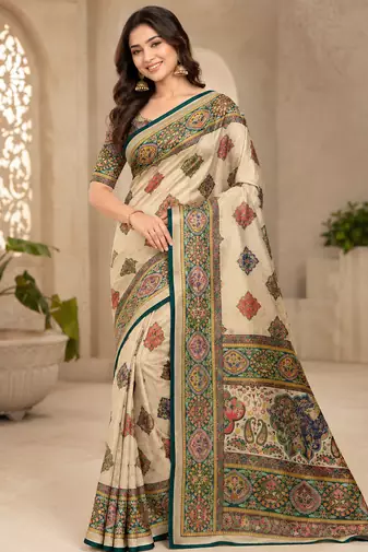 Off White Color Pashmina Print With Cover Piping Fitting Silk  Saree