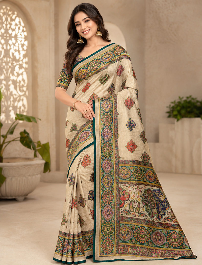 Off White Color Pashmina Print With Cover Piping Fitting Silk  Saree