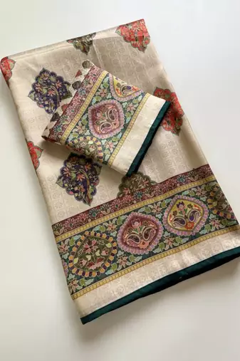 Off White Color Pashmina Print With Cover Piping Fitting Silk  Saree