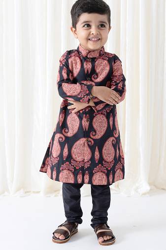 Black floral printed cotton kurta set